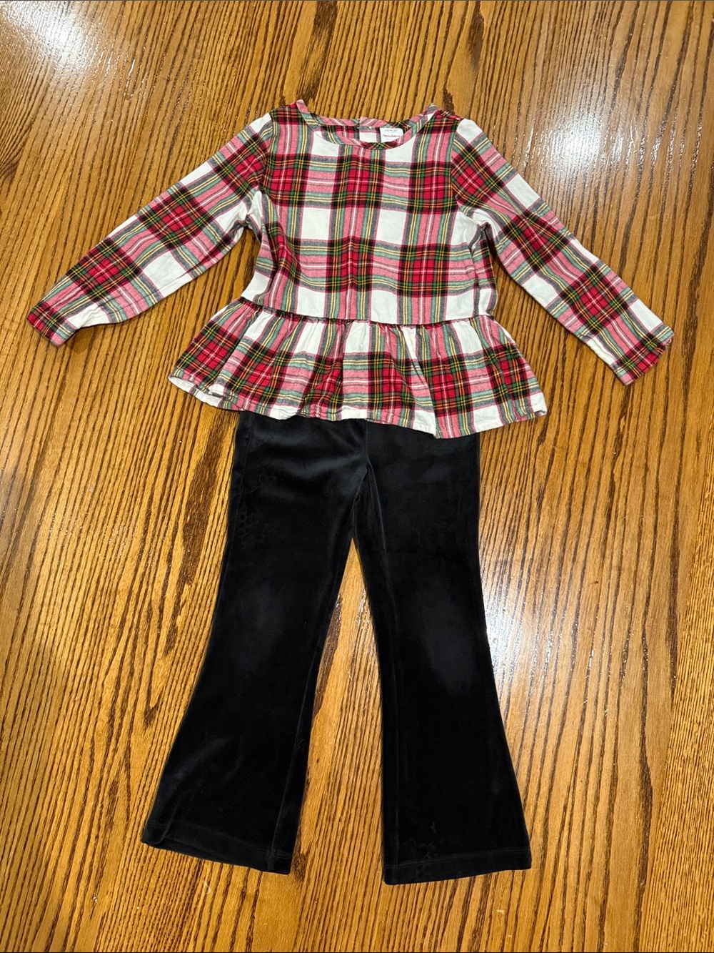 Hanna Andersson Red Plaid Peplum Top with Black Velvet Pants Set